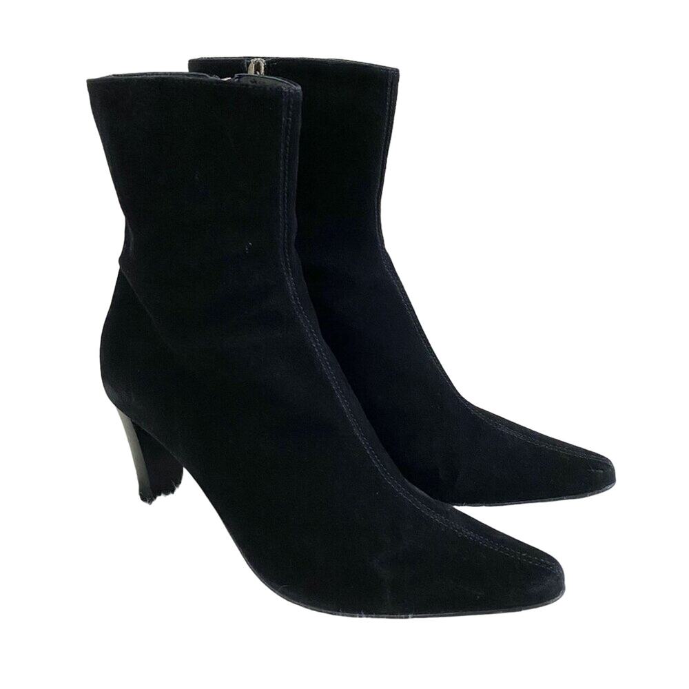Aquatalia Black Suede Pointy Toe High Heel Boots Side Zip Made in Italy Size 9.5
